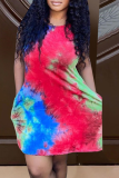 Green Casual Patchwork Tie-dye O Neck Straight Dresses