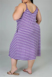 Purple Sexy Casual Plus Size Striped Print Backless Spaghetti Strap Sleeveless Dress