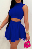 Blue Sexy Casual Solid Basic Half A Turtleneck Sleeveless Two Pieces
