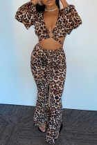 Dark Brown Sexy Leopard Split Joint V Neck Long Sleeve Two Pieces