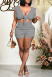 Grey Sexy Solid Flounce V Neck Sleeveless Two Pieces