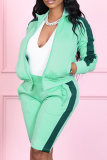 Green Sportswear Color Block Patchwork Turndown Collar Long Sleeve Two Pieces
