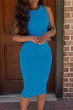 Sky Blue Casual Solid Split Joint O Neck Pencil Skirt Dresses