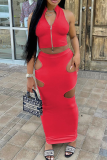 Red Sexy Solid Hollowed Out Zipper Collar Sleeveless Two Pieces
