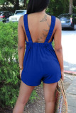 Blue Casual Solid Patchwork Backless Spaghetti Strap Straight Rompers