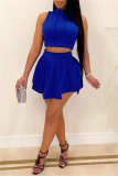 Blue Sexy Casual Solid Basic Half A Turtleneck Sleeveless Two Pieces