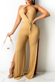 Black Sexy Solid High Opening Halter Loose Jumpsuits