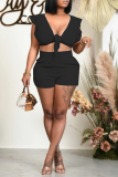 Black Sexy Solid Flounce V Neck Sleeveless Two Pieces