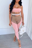 Pink Fashion Sexy Patchwork Bandage Hollowed Out Backless Strapless Skinny Jumpsuits