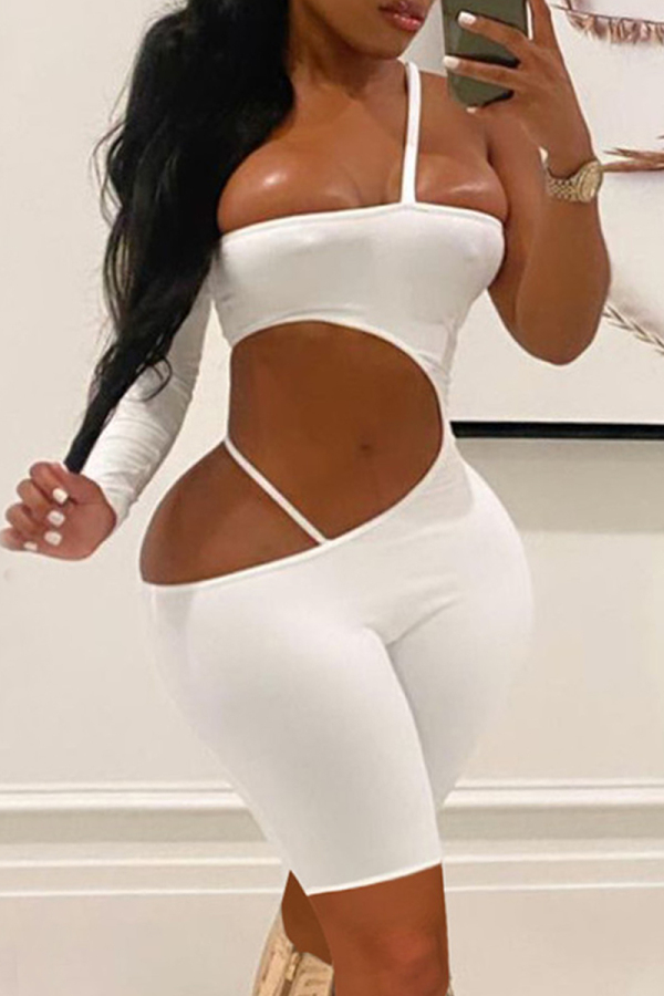 White Fashion Sexy Solid Hollowed Out Backless Strapless Skinny Romper