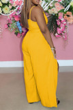 Yellow Fashion Sexy Solid Backless Slit V Neck Sling Dress