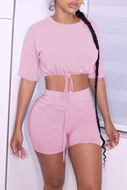 Pink Casual Solid Split Joint Draw String O Neck Half Sleeve Two Pieces