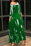 Green British Style Print Patchwork Asymmetrical O Neck Irregular Dress Dresses