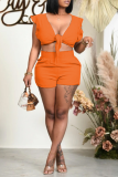 Tangerine Red Sexy Solid Flounce V Neck Sleeveless Two Pieces