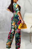 Green Sexy Print Split Joint V Neck Straight Jumpsuits