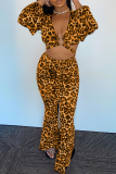 Lemon Yellow Sexy Leopard Patchwork V Neck Long Sleeve Two Pieces