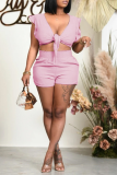 Pink Sexy Solid Flounce V Neck Sleeveless Two Pieces