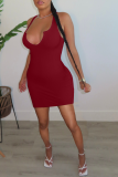 Red Sexy Solid Split Joint U Neck Pencil Skirt Dresses