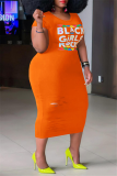 Orange Casual Print Patchwork O Neck Pencil Skirt Plus Size Dresses