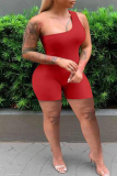Red Fashion Casual Solid Backless One Shoulder Plus Size Romper
