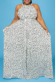 White Fashion Plus Size Print Leopard Backless Halter Sleeveless Dress (Without Belt)