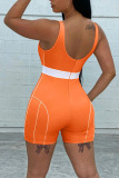 Tangerine Red Sexy Solid Patchwork U Neck Skinny Rompers