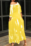 Yellow British Style Print Patchwork Asymmetrical O Neck Irregular Dress Dresses