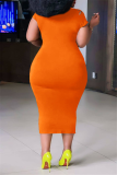 Orange Casual Print Patchwork O Neck Pencil Skirt Plus Size Dresses