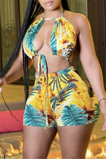 Yellow Sexy Print Hollowed Out Backless Strap Design Halter Regular Rompers