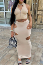 Cream White Sexy Solid Hollowed Out Zipper Collar Sleeveless Two Pieces