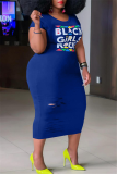 Blue Casual Print Patchwork O Neck Pencil Skirt Plus Size Dresses