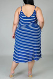 Light Blue Sexy Casual Plus Size Striped Print Backless Spaghetti Strap Sleeveless Dress