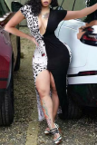 Black Sexy Leopard Split Joint V Neck Irregular Dress Dresses