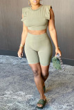 Army Green Fashion Casual Solid Basic O Neck Sleeveless Two Pieces