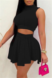 Black Sexy Casual Solid Basic Half A Turtleneck Sleeveless Two Pieces