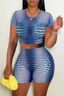 Blue Casual Print Patchwork O Neck Short Sleeve Two Pieces
