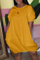 Yellow Casual Solid Split Joint O Neck Lantern Dress Plus Size Dresses