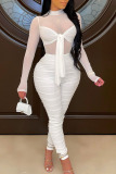 White Sexy Solid Bandage Split Joint See-through Fold O Neck Skinny Jumpsuits