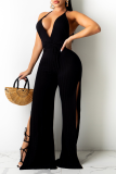 Red Sexy Solid High Opening Halter Loose Jumpsuits