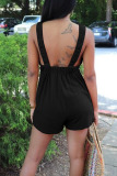 Black Casual Solid Patchwork Backless Spaghetti Strap Straight Rompers