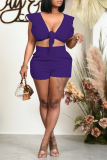 Purple Sexy Solid Flounce V Neck Sleeveless Two Pieces