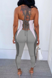 Grey Fashion Sexy Patchwork Bandage Hollowed Out Backless Strapless Skinny Jumpsuits