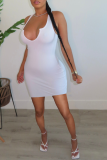 White Sexy Solid Split Joint U Neck Pencil Skirt Dresses
