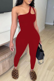 Red Sexy Solid Patchwork One Shoulder Skinny Jumpsuits