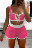 Deep Pink Sexy Casual Solid Bandage U Neck Sleeveless Two Pieces