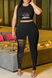 Black Sexy Casual Solid Ripped Vests Pants O Neck Sleeveless Two Pieces