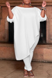 White Fashion Casual Solid Asymmetrical Oblique Collar Plus Size Two Pieces