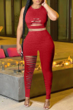 Red Sexy Casual Solid Ripped Vests Pants O Neck Sleeveless Two Pieces