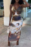 Multicolor Fashion Sexy Print Backless Strap Design Halter Sleeveless Dress