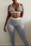Grey Sportswear Solid Split Joint V Neck Sleeveless Two Pieces